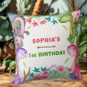 Cute Girl Dinosaur 1st Birthday Party Cushion
