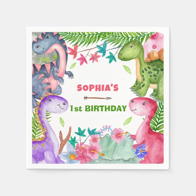 Cute Girl Dinosaur 1st Birthday Party Napkin (Front)