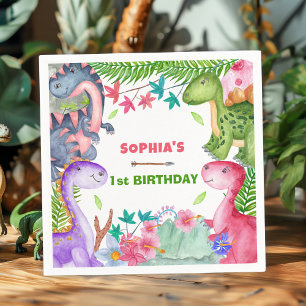 Cute Girl Dinosaur 1st Birthday Party Napkin