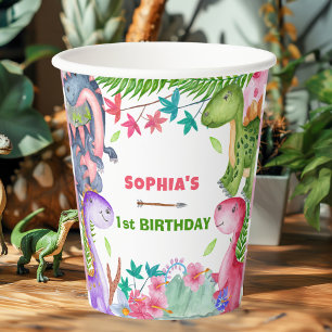 Cute Girl Dinosaur 1st Birthday Party Paper Cups