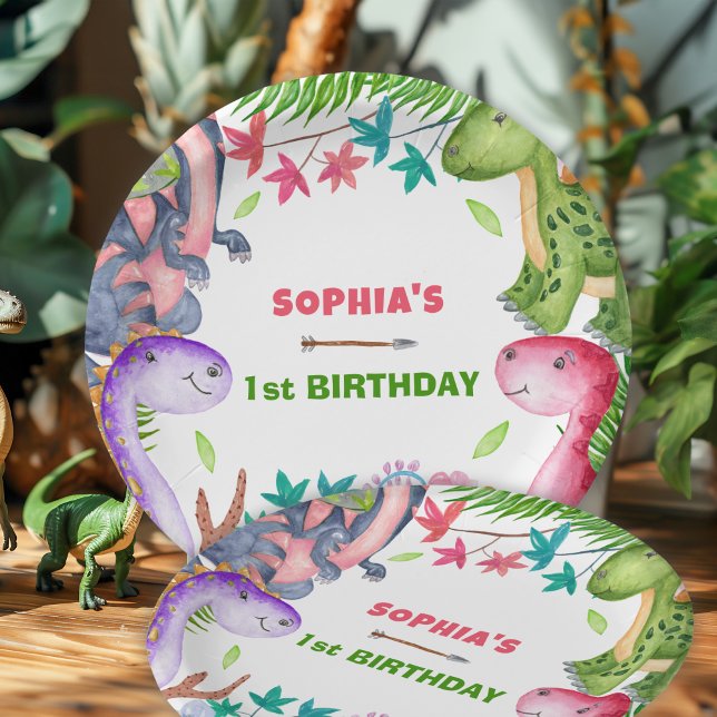 Cute Girl Dinosaur 1st Birthday Party Paper Plate (Creator Uploaded)