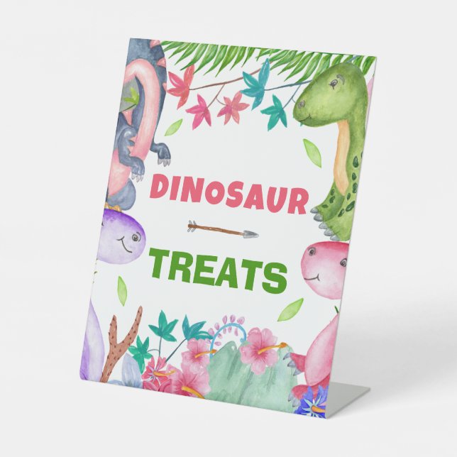 Cute Girl Dinosaur 1st Birthday Party Treats Pedestal Sign (Front)