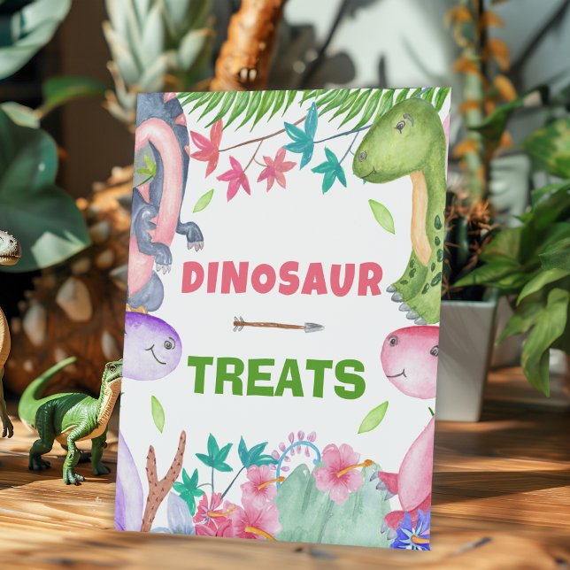 Cute Girl Dinosaur 1st Birthday Party Treats Pedestal Sign (Creator Uploaded)