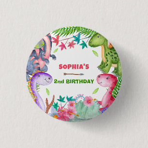 Cute Girl Dinosaur 2nd Birthday Party 3 Cm Round Badge
