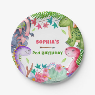 Cute Girl Dinosaur 2nd Birthday Party Paper Plate