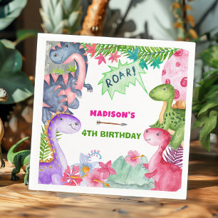 Cute Girl Dinosaur 4th Birthday Party Napkin