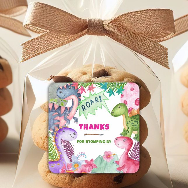 Cute Girl Dinosaur 4th Birthday Thank You Square Sticker (Creator Uploaded)