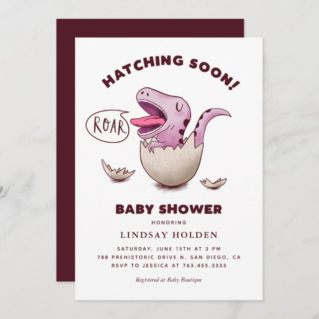 Cute Girl Dinosaur Baby Shower Hatching Soon Invitation (Front/Back)