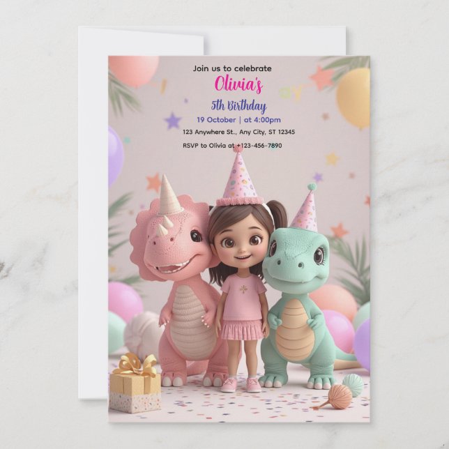 Cute Girl Dinosaur Birthday Invitation – Pastel Di (Front)