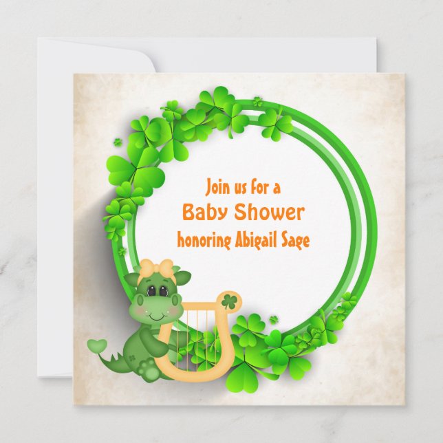 Cute Girl Dragon, Clover Wreath Irish Baby Shower Invitation (Front)