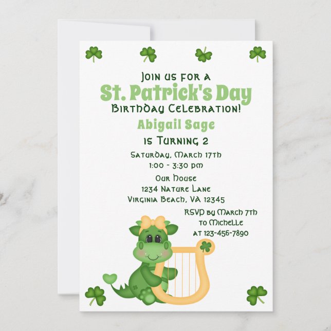 Cute Girl Dragon St. Patrick's Day Birthday Invitation (Front)