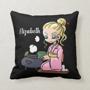Cute Girl Drinking Tea Personalised Cushion