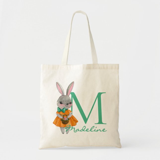 Cute Girl Easter Bunny Initial and Name Tote Bag (Front)