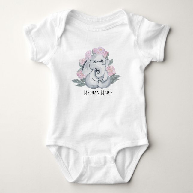 cute girl elephant add name baby bodysuit (Front)