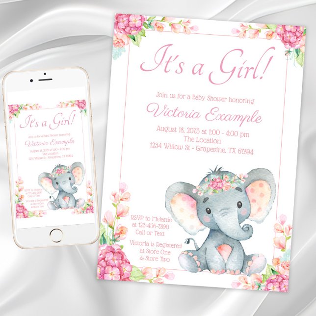 Cute Girl Elephant Baby Shower Invitation (Cute Girl Elephant Baby Shower Invitation. Instant download and printed invitations available.)