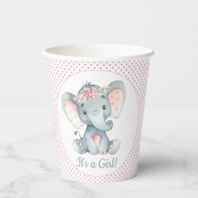 Cute Girl Elephant Baby Shower Paper Cups (Front)