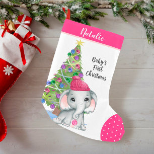 Cute Girl Elephant BABY'S FIRST CHRISTMAS Pink Small Christmas Stocking