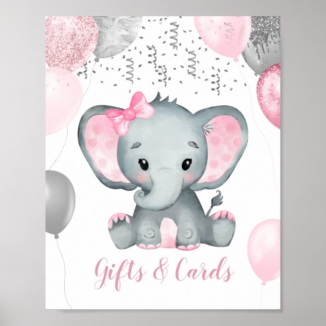Cute Girl Elephant Balloons Baby Shower Gifts Poster (Front)