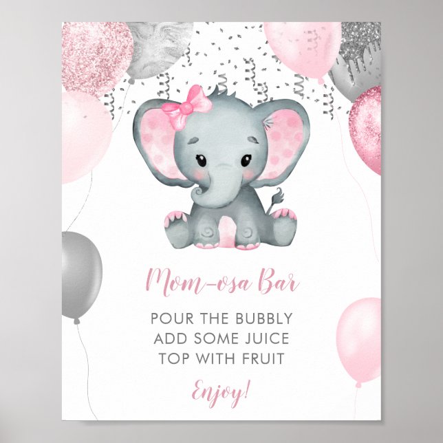 Cute Girl Elephant Balloons Baby Shower Momosa Poster (Front)