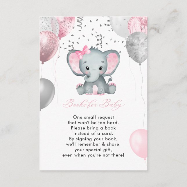Cute Girl Elephant Balloons Books for Baby Shower Enclosure Card (Front)