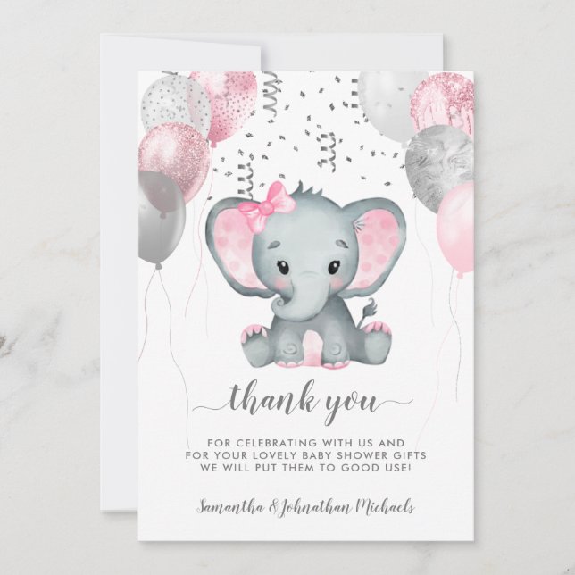 Cute Girl Elephant Balloons Drive By Baby Shower Thank You Card (Front)
