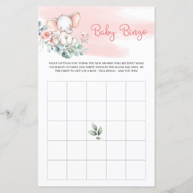 Cute girl elephant eucalyptus greenery baby bingo (Front)