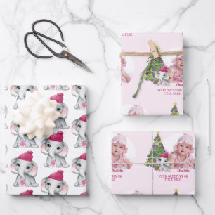 Cute Girl Elephant Photo Name Christmas Pink Wrapping Paper Sheet