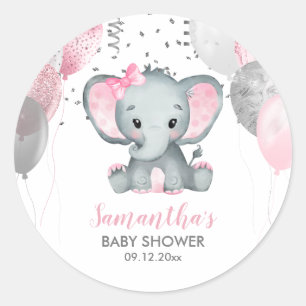 Cute Girl Elephant Pink Balloons Baby Shower Classic Round Sticker
