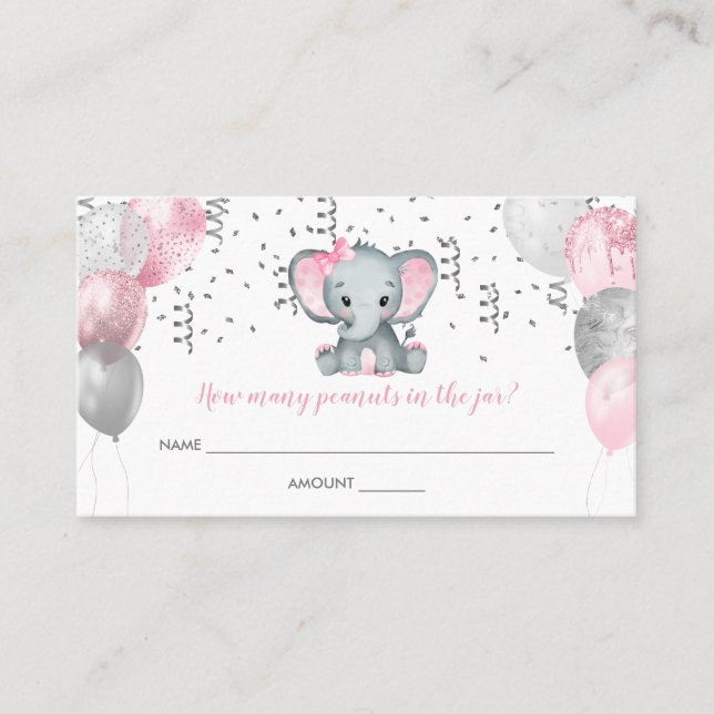 Cute Girl Elephant Pink Balloons Baby Shower Guess Business Card (Front)
