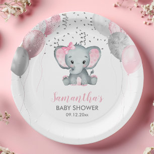 Cute Girl Elephant Pink Balloons Baby Shower Paper Plate