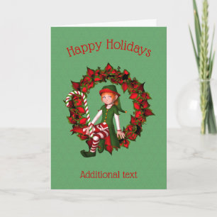 Cute Girl Elf On Wreath Christmas Holiday Card