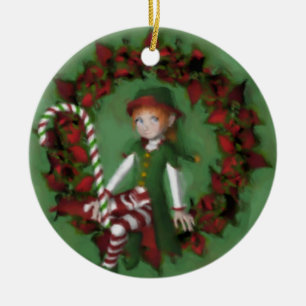 Cute Girl Elf On Wreath Christmas Ornament