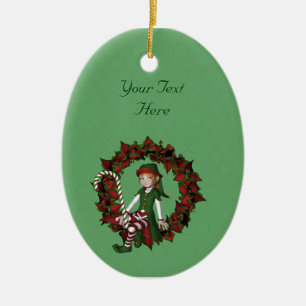 Cute Girl Elf Poinsettia Wreath Holiday Ornament