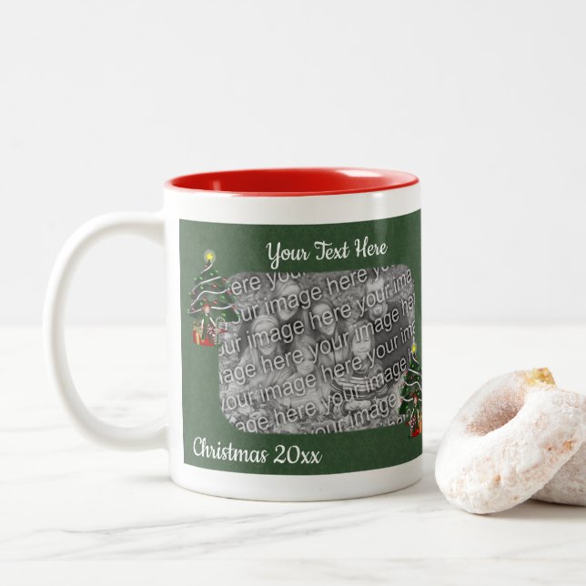 Cute Girl Elf Tree Christmas Personalised Photo Two-Tone Coffee Mug (With Donut)