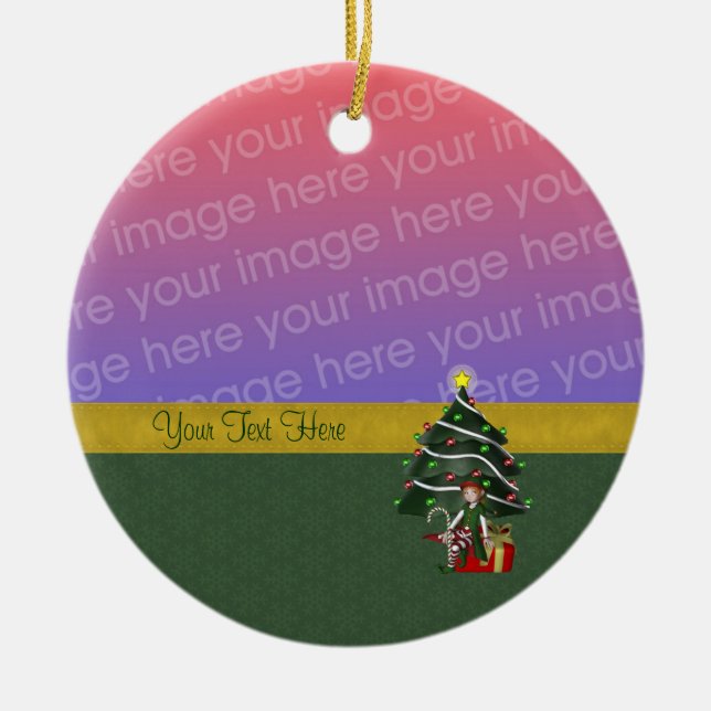 Cute Girl Elf Tree Christmas Photo Ceramic Ornament (Front)