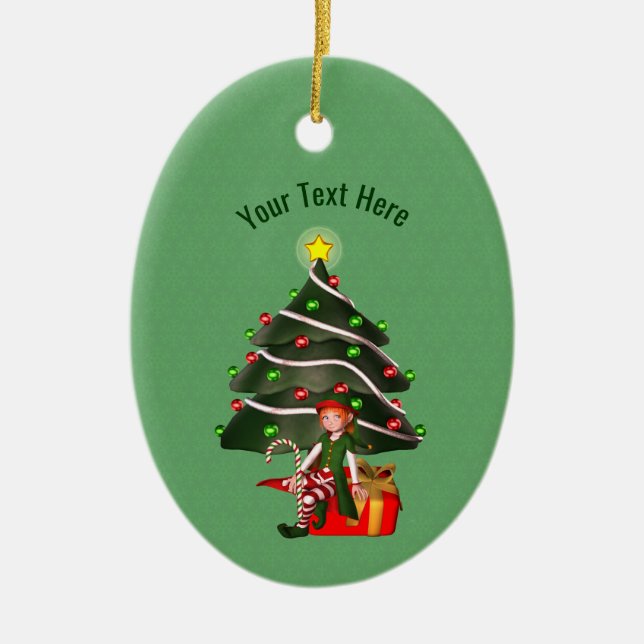 Cute Girl Elf Tree Holiday Personalised Ceramic Ornament (Front)
