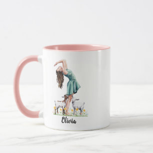 Cute Girl exercising with Goat, Watercolor Mug