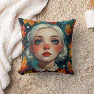 Cute Girl Fall Leaves Autumn Colors Cushion