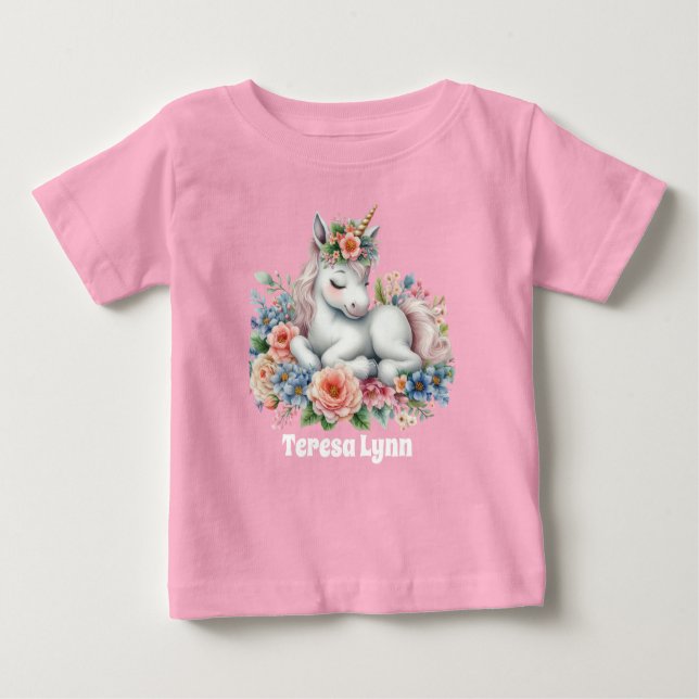 Cute girl fantasy unicorn add name  baby T-Shirt (Front)