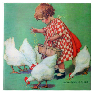 Cute Girl Feeding Hens by Jessie Willcox Smith Ceramic Tile