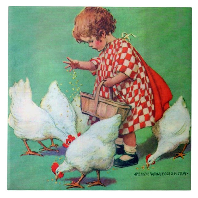 Cute Girl Feeding Hens by Jessie Willcox Smith Ceramic Tile (Front)