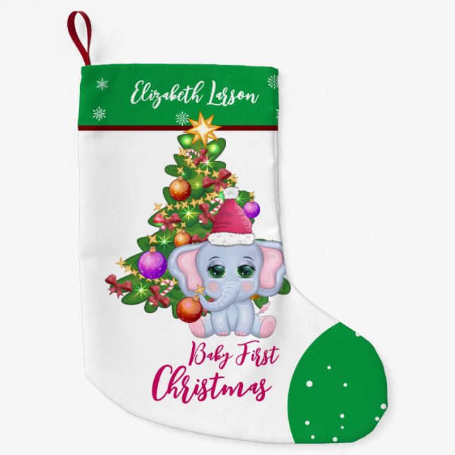Cute Girl FIRST CHRISTMAS Green Elephant BABY'S Small Christmas Stocking (Front)