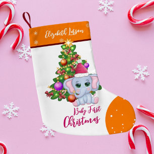 Cute Girl FIRST CHRISTMAS Orange Elephant BABY'S Small Christmas Stocking