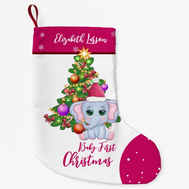 Cute Girl FIRST CHRISTMAS Pink Elephant BABY'S Small Christmas Stocking (Front)