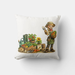 Cute Girl Gardener Harvesting Vegetables Art Cushion