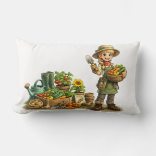 Cute Girl Gardener Harvesting Vegetables Art Lumbar Cushion