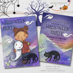Cute Girl, Ghost, & Black Cat Kids Spooktacular Invitation
