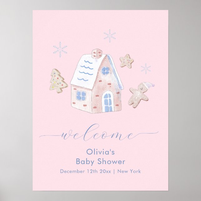 Cute Girl Gingerbread Village Baby Shower Welcome Poster (Front)