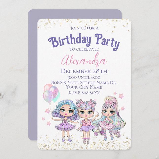 Cute Girl Glitter Dolls Birthday Party Invitation (Front/Back)