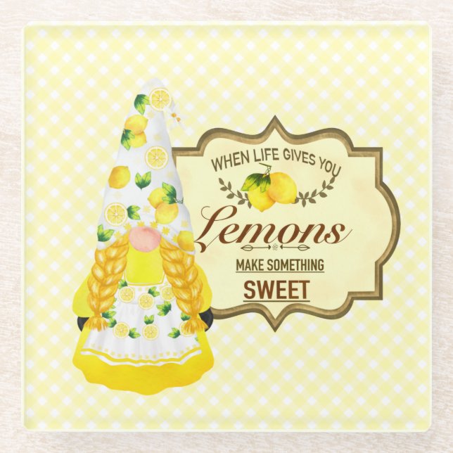 Cute Girl Gnome and Lemons  Glass Coaster (Front)